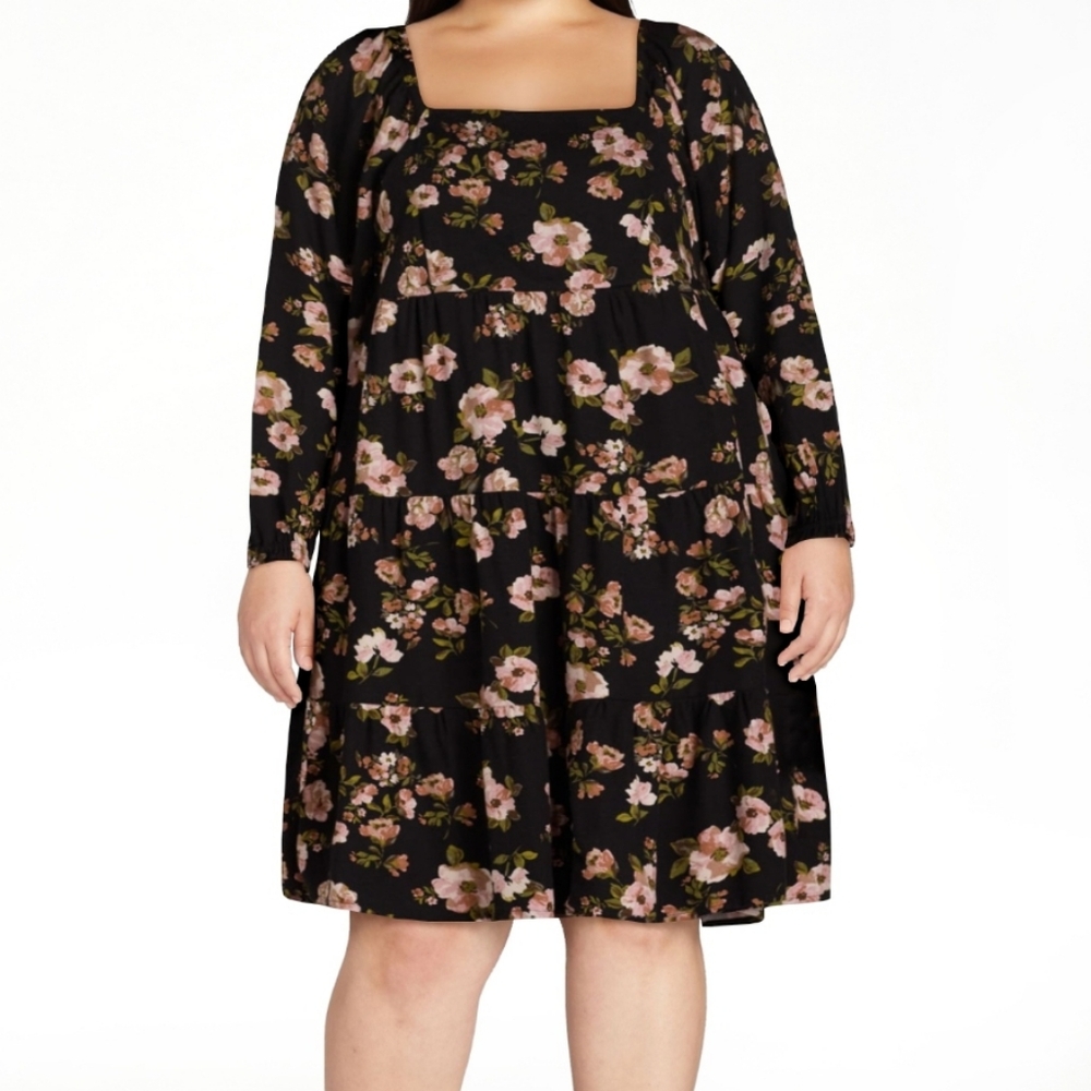 Time and Tru square neck mini dress with long sleeves, 3X,black floral